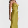 Sexy Party Lace Up Belt V Neck Lace Satin Slip Midi Dress - Chartreuse