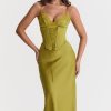 Sexy Party Lace Up Belt V Neck Lace Satin Slip Midi Dress - Chartreuse
