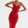 Sexy Party Lace Up Belt V Neck Lace Satin Slip Midi Dress - Red
