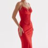 Sexy Party Lace Up Belt V Neck Lace Satin Slip Midi Dress - Red