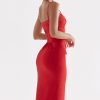 Sexy Party Lace Up Belt V Neck Lace Satin Slip Midi Dress - Red