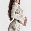 Sexy Printed High Neck Cutout Draped Long Sleeve Satin Mini Dress - Floral