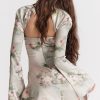Sexy Printed High Neck Cutout Draped Long Sleeve Satin Mini Dress - Floral