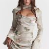 Sexy Printed High Neck Cutout Draped Long Sleeve Satin Mini Dress - Floral