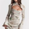 Sexy Printed High Neck Cutout Draped Long Sleeve Satin Mini Dress - Floral