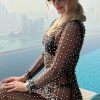 Sexy Round Neck Long Sleeve Faux Pearl Split Sheer Mesh Maxi Dress - Black