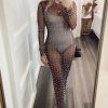 Sexy Round Neck Long Sleeve Faux Pearl Split Sheer Mesh Maxi Dress - Black