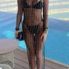 Sexy Round Neck Long Sleeve Faux Pearl Split Sheer Mesh Maxi Dress - Black