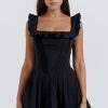Sexy Ruffle Square Neck Frilled Fit and Flare Drop Waist Summer Mini Sundress - Black