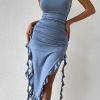 Sexy Ruffle Strappy High Split Bodycon Tube Party Midi Dress - Dusty Blue