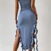 Sexy Ruffle Strappy High Split Bodycon Tube Party Midi Dress - Dusty Blue
