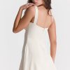 Sexy Satin Square Neck Suspender Strap Summer Party Mini Dress - Beige White