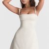 Sexy Satin Square Neck Suspender Strap Summer Party Mini Dress - Beige White