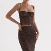 Sexy Scalloped Floral Lace Bra Top Midi Skirt Two Piece Dress - Black