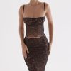 Sexy Scalloped Floral Lace Bra Top Midi Skirt Two Piece Dress - Black