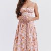 Sexy Square Neck Button Down Lace Up Fit & Flare Printed Midi Sundress - Floral