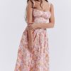 Sexy Square Neck Button Down Lace Up Fit & Flare Printed Midi Sundress - Floral