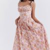 Sexy Square Neck Button Down Lace Up Fit & Flare Printed Midi Sundress - Floral