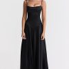Sexy Square Neck Pintuck Trim Lace Up Back Satin Slip Maxi Dress - Black
