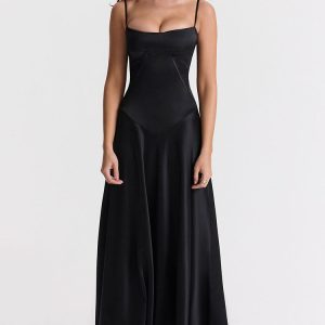 Sexy Square Neck Pintuck Trim Lace Up Back Satin Slip Maxi Dress - Black