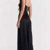 Sexy Square Neck Pintuck Trim Lace Up Back Satin Slip Maxi Dress - Black