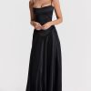 Sexy Square Neck Pintuck Trim Lace Up Back Satin Slip Maxi Dress - Black