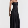 Sexy Square Neck Pintuck Trim Lace Up Back Satin Slip Maxi Dress - Black