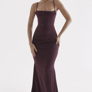 Sexy Square Neck Ruched Corset Fishtail Evening Maxi Dress - Fuchsia