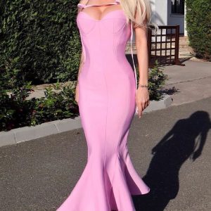 Sexy Sweetheart Chain Strap Bandage Fishtail Cocktail Party Midi Dress - Pink