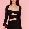 Sexy Sweetheart Long Sleeve Ruched Cutout Club Mini Dress - Black