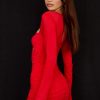 Sexy Sweetheart Long Sleeve Ruched Cutout Club Mini Dress - Red