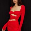 Sexy Sweetheart Long Sleeve Ruched Cutout Club Mini Dress - Red