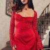 Sexy Sweetheart Tie Neck Long Sleeve Sheer Lace Satin Party Mini Dress - Red