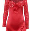 Sexy Sweetheart Tie Neck Long Sleeve Sheer Lace Satin Party Mini Dress - Red