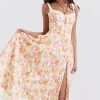Sexy Tie Neck High Split Floral Printed Summer Midi Sundress - Beige