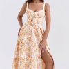 Sexy Tie Neck High Split Floral Printed Summer Midi Sundress - Beige