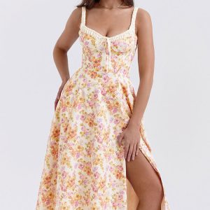 Sexy Tie Neck High Split Floral Printed Summer Midi Sundress - Beige