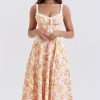 Sexy Tie Neck High Split Floral Printed Summer Midi Sundress - Beige