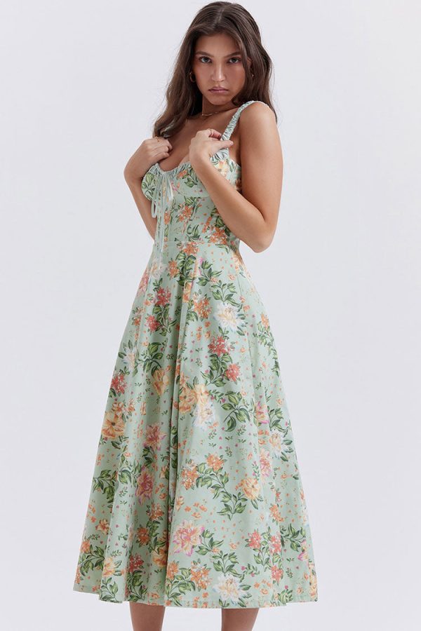 Sexy Tie Neck High Split Floral Printed Summer Midi Sundress - Green
