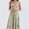 Sexy Tie Neck High Split Floral Printed Summer Midi Sundress - Green