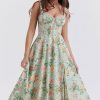 Sexy Tie Neck High Split Floral Printed Summer Midi Sundress - Green