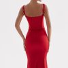 Sexy Tie Neck Lace Up Satin Corset Cocktail Party Midi Dress - Red