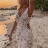 Sexy V Neck Cutout Circle Crochet Open Knit Maxi Beach Vacation Dress - Beige