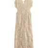 Sexy V Neck Cutout Circle Crochet Open Knit Maxi Beach Vacation Dress - Beige