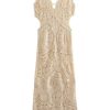 Sexy V Neck Cutout Circle Crochet Open Knit Maxi Beach Vacation Dress - Beige