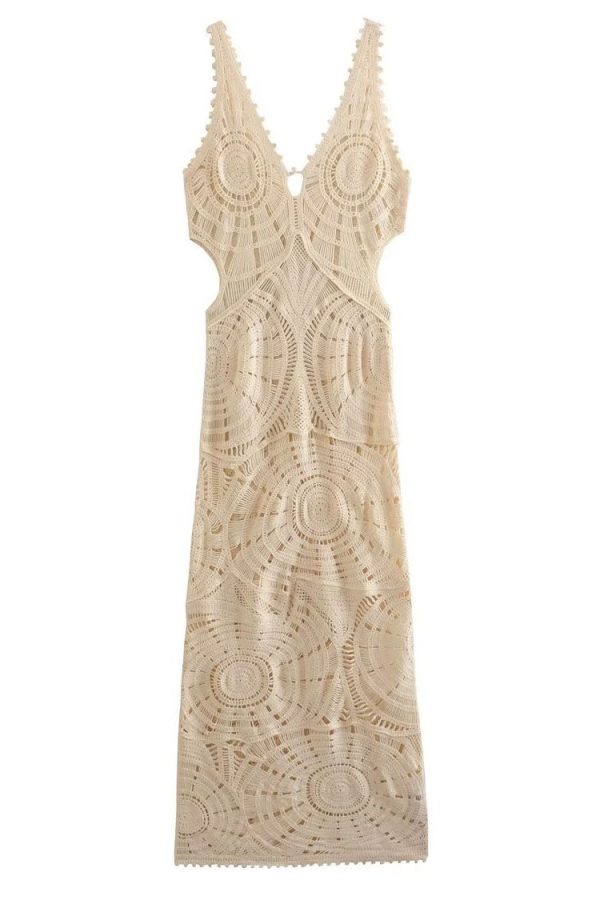Sexy V Neck Cutout Circle Crochet Open Knit Maxi Beach Vacation Dress - Beige