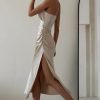 Sexy V Neck Ruched Trim High Split Cami Cocktail Party Midi Dress - Champagne