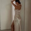 Sexy V Neck Ruched Trim High Split Cami Cocktail Party Midi Dress - Champagne