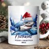Shark with Santa Hat Personalized Mug, Festive Christmas Gift With Custom Name and Date