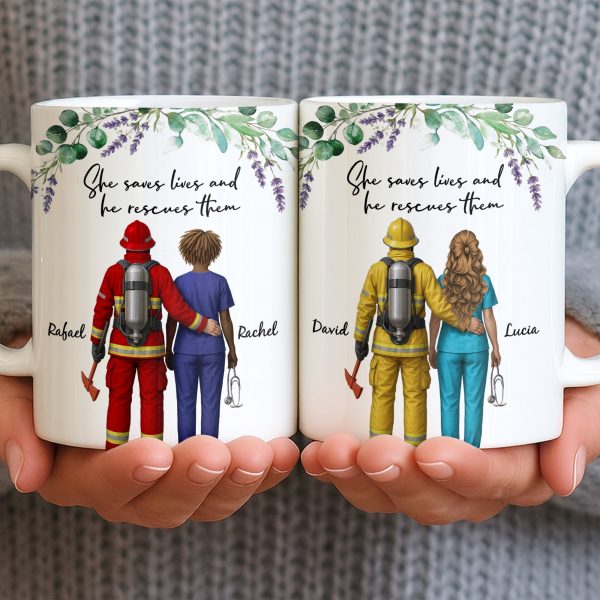 She Saves Lives And He Rescues Them, Featuring Firefighter And Nurse - Personalized Custom Coffee Mug - CPL1207_MG
